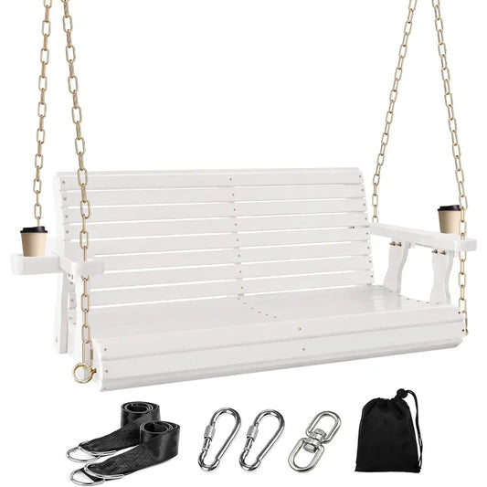 4FT Wooden Porch Swing w/Cupholders,Heavy Duty 800LBS Outdoor Swing Bench w/Chains,Patio Roll Back Swing Chair Bench,Front Porch