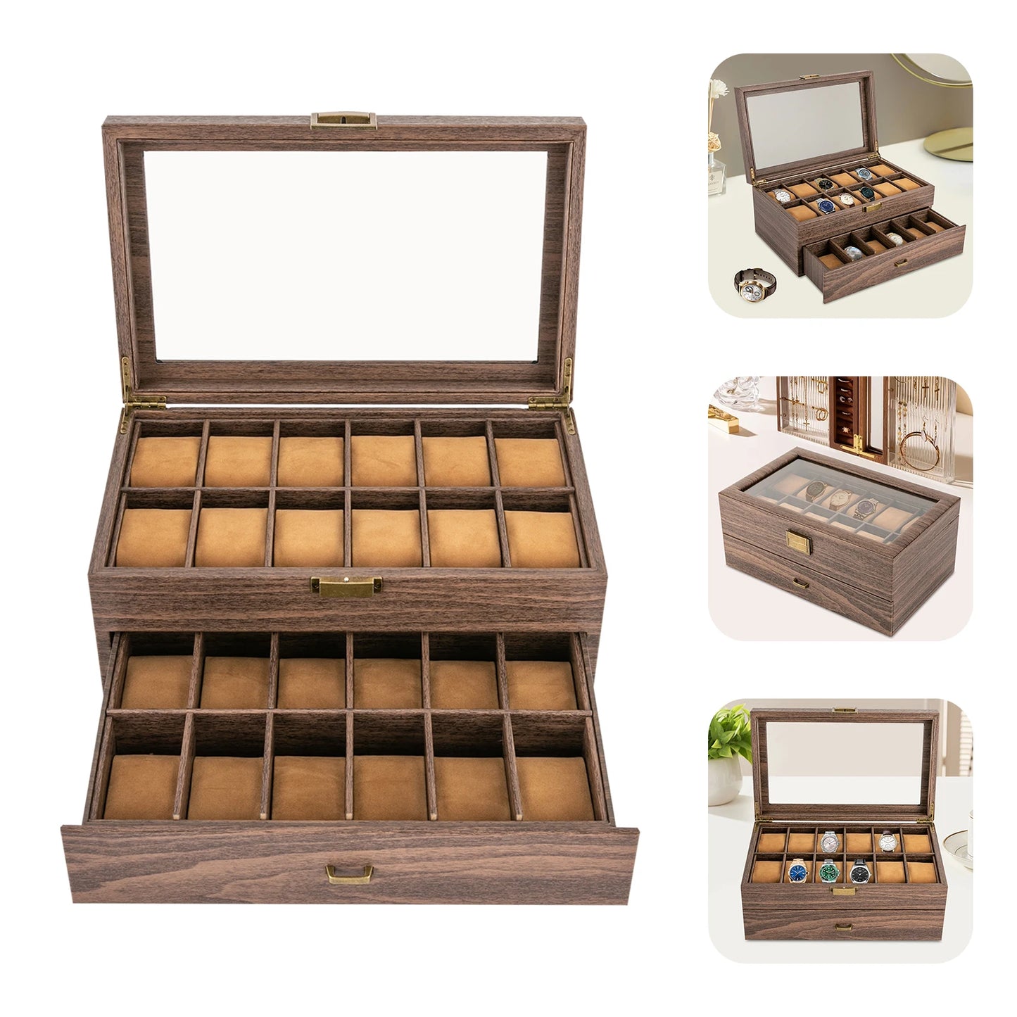 24 Slot Watch Box Tabletop Brown Watch Holder Organizer Lockable Jewelry Display Box Storage