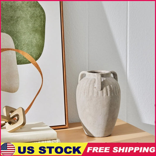 Three Handled Ceramic Vase 10 Inch Textured Decorative Accent Indoor Use Dried Floral Arrangement Home Decor