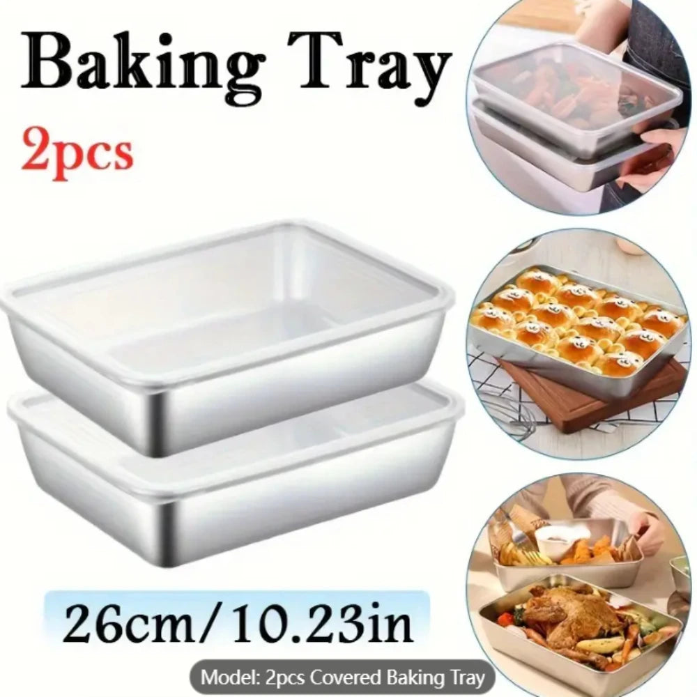 Stainless Steel Baking Tray with Lid, Non-Stick BPA-Free, Multipurpose for Cakes, Meats, Veggies, 2pcs