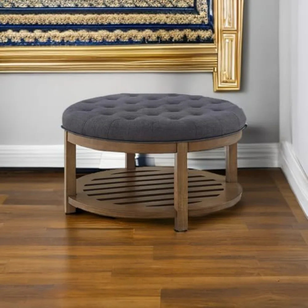 Large Round Upholstered Tufted Linen Ottoman Coffee Table, Large Footrest Ottoman with Wood Shelf Storage-Charcoal