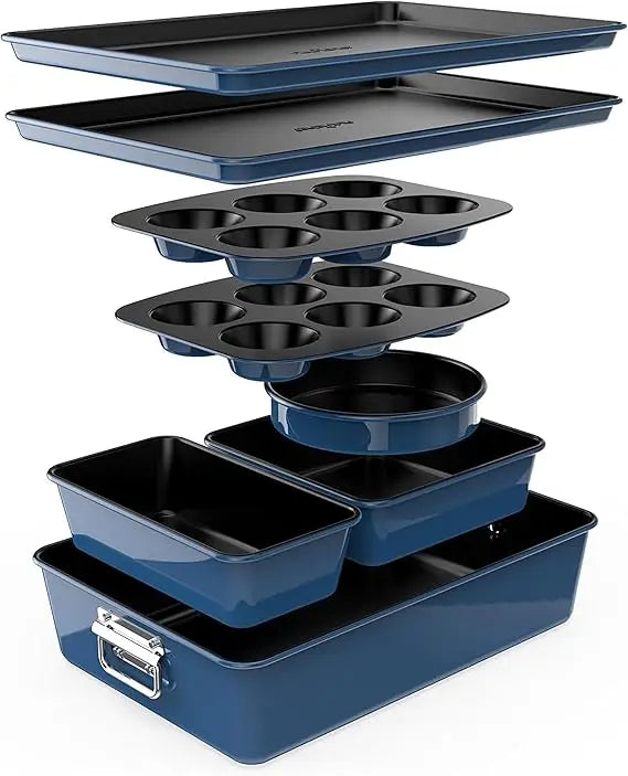 NutriChef 8-Piece Nonstick Stackable Bakeware Set - PFOA, PFOS, PTFE Free Baking Tray Set w/Non-Stick Coating, 450°F Oven Safe,