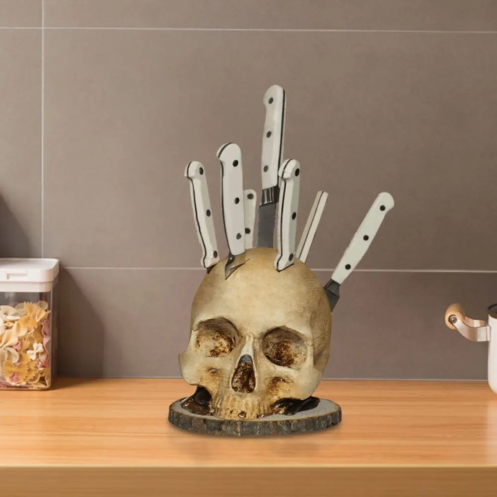 Skull Knife Holder Resin Skeleton Knife Stand Creative Fruit Chopping Knife Stand Halloween Party Decoration