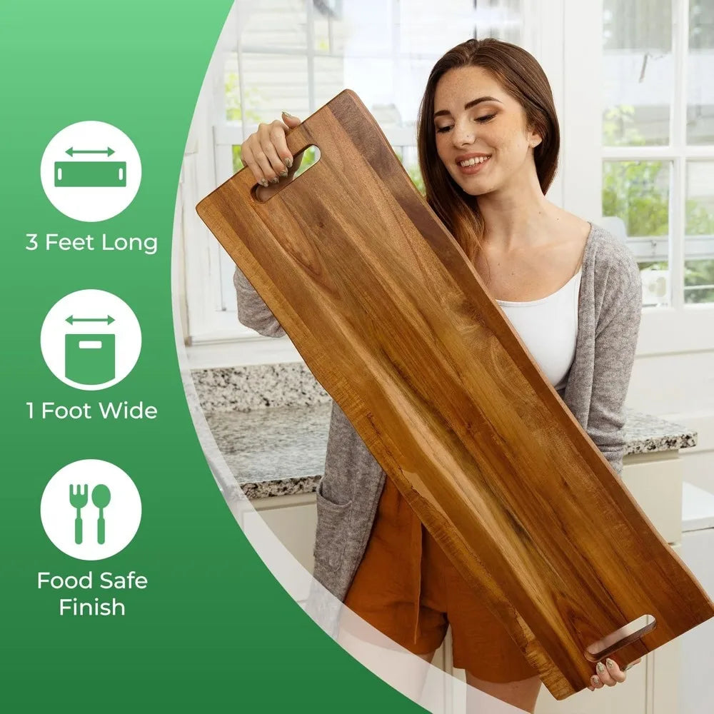 NEW-Large Acacia Serving Board with Handles, 36 x 12 Inch Rectangular Charcuterie Platter, Natural Wood Server for