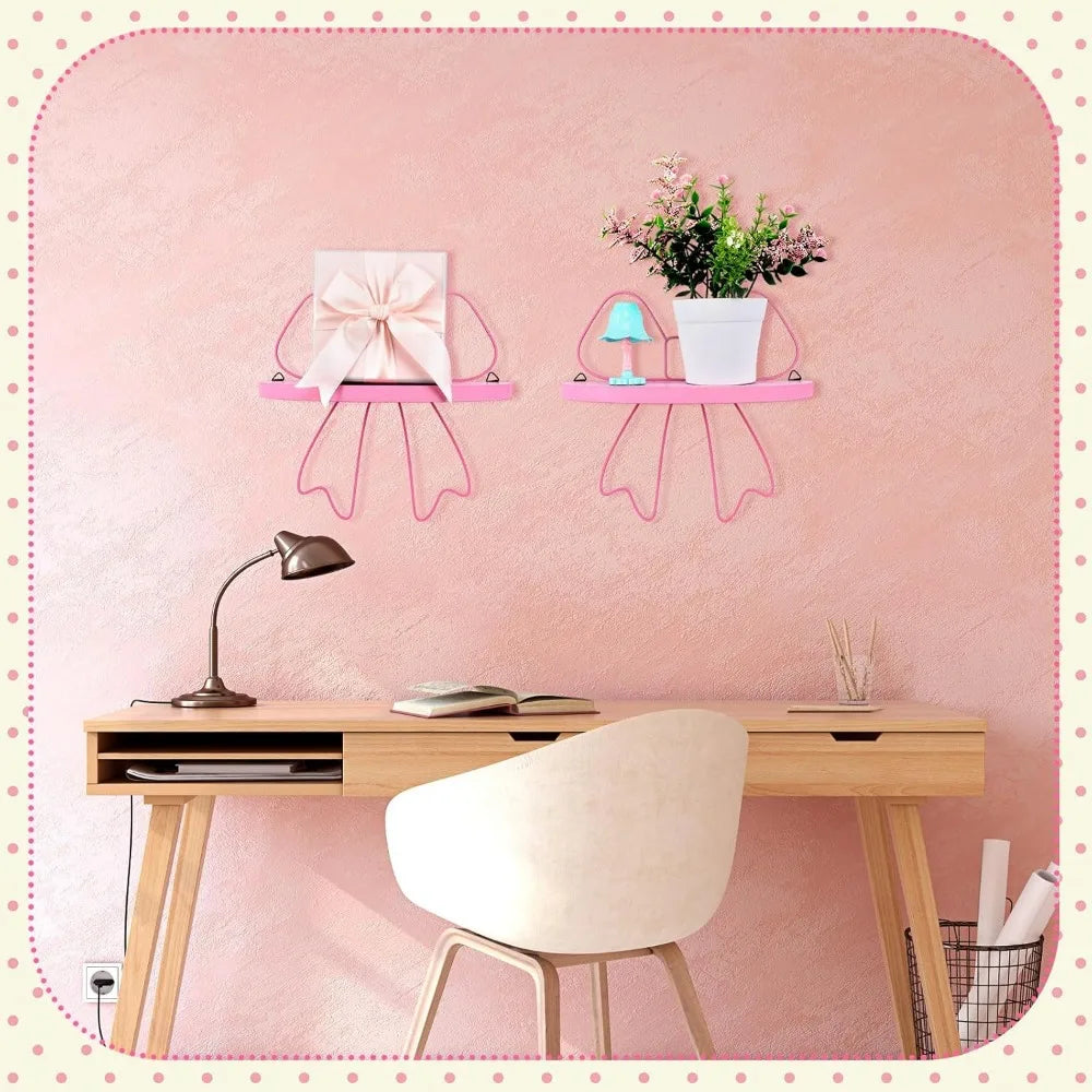 2 Pcs Kawaii Floating Shelf Pink Coquette Bow Wall Decoration Butterfly Semicircle Hanging Shelves Pink Bow Princess Wall Decor