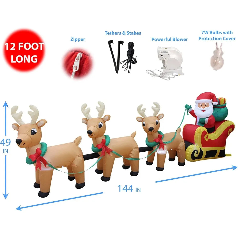 Giant 12-Foot Santa Sleigh with Lighted Reindeer Outdoor/Indoor Christmas Decor