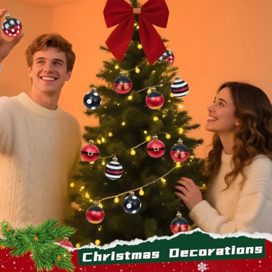 24 Pcs Christmas Ball Ornaments Set 2.36 Mouse Red Black Christmas Tree Decorations Plastic Shatterproof Hanging Baubles for Ho