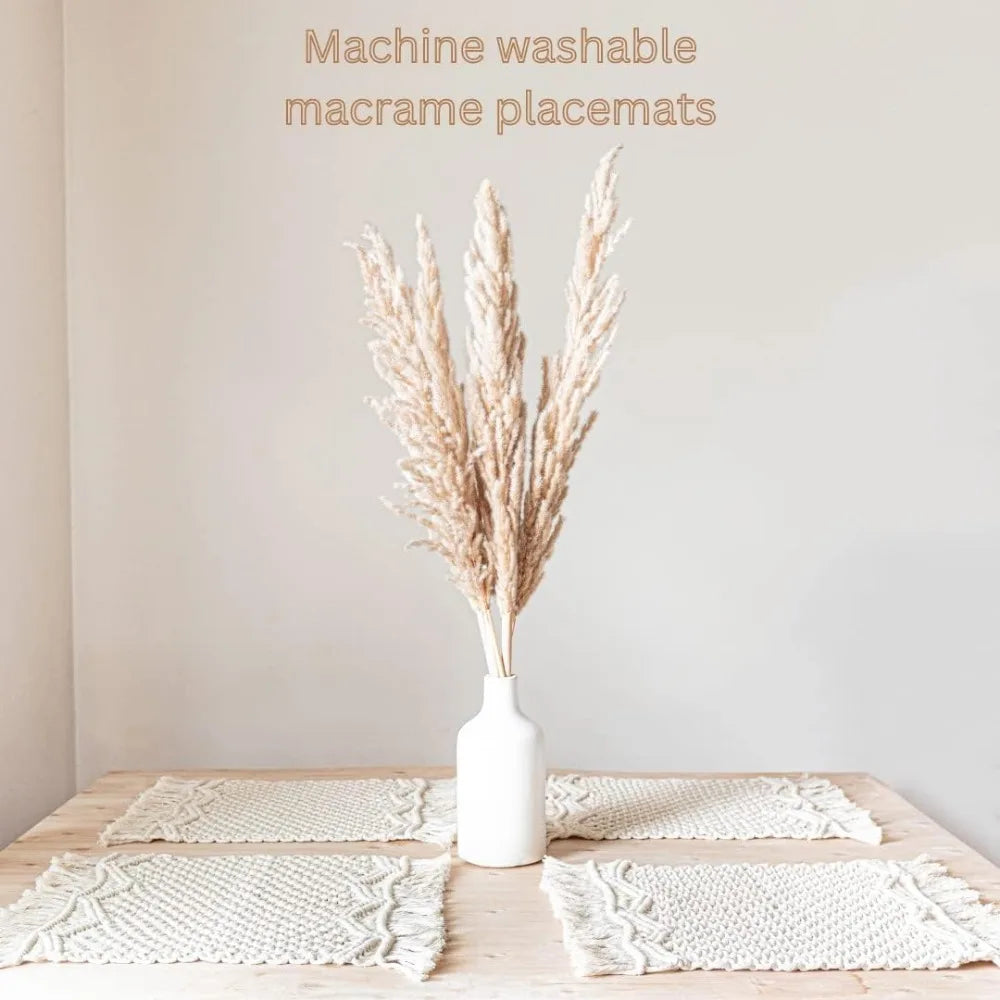 Macrame Placemats Set of 6 - Handmade Cotton Woven Boho Placemats - Modern Farmhouse Fringe Placemats for Dining Table, Kitchen