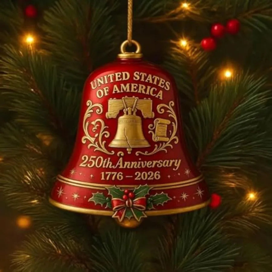 USA 250th Anniversary Bell Ornament 3D Red Gold Commemorative Hanging Decor with Enamel Crafted Detailing for Patriotic Holiday