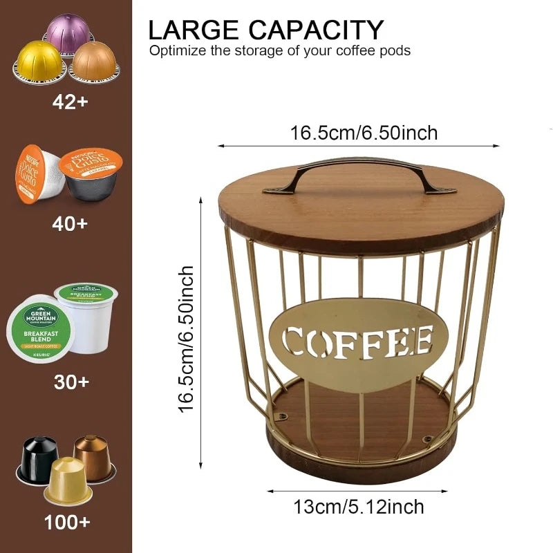Round Coffee Pods Holder with Wooden Lid and Base Wire Coffee Pods Storage Basket for Home Cafe Bar Countertop Decor(Gold)