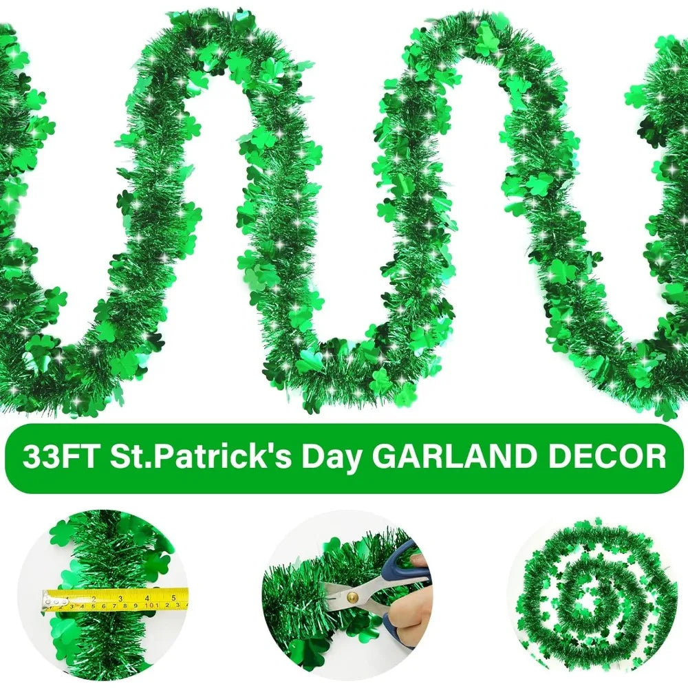 33 FT St Patricks Day Tinsel Garland St Patricks Day Decorations Shamrock Garland Clover Green Twist Metallic Hanging St Patrick