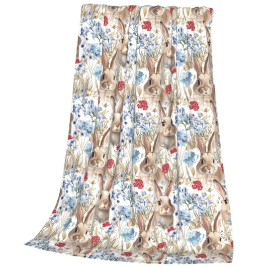 Easter bunny blue flower blanket, soft,comfortable,warm and lightweight blanket, suitable for all seasons spring home decoration