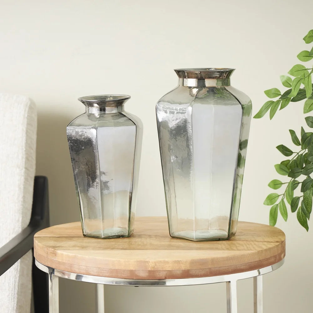 Geometric Hexagon Gray Glass Vases Set of 2 Elegant Home Decor Flower Arrangement Contemporary Accent Pieces