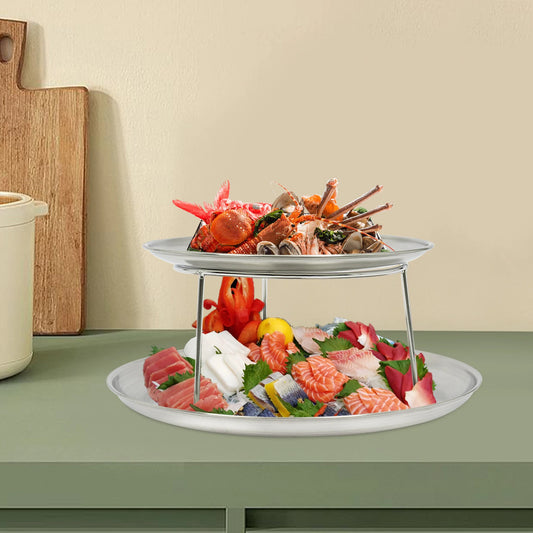 2-Tier Seafood Serving Plate Set, 20cm & 25cm Round Metal Tray with Stand, Silver Appetizer Dish, Sushi Tray, Party Platter