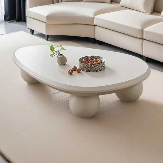 White Modern Coffee Table Cloud Shape Low Coffee Table Cartoon Irregular Indoor Accent Tea Table with 3 Round Ball Leg, for Livi