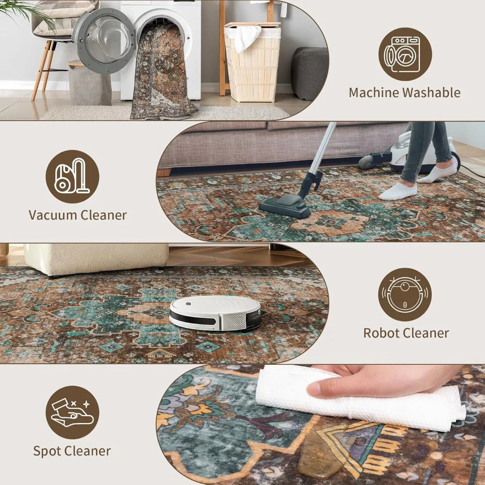 Ciicool Boho Area Rug 4x4ft Round Washable Bedroom Non-Slip Vintage Entryway Throw Low-Pile Indoor Carpet for Living Room Foyer(