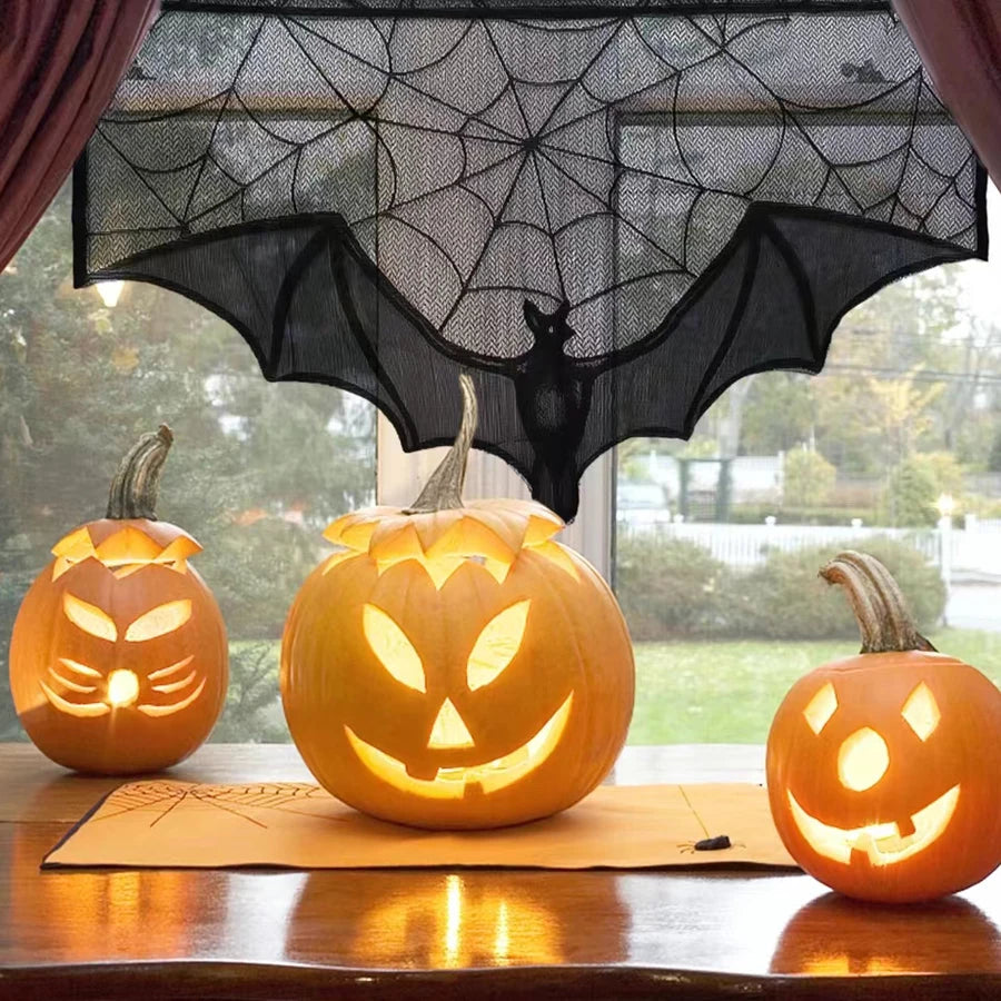 Halloween black bat lace curtains, spider web horror decoration for the living room mantelpiece tablecloth, home decoration