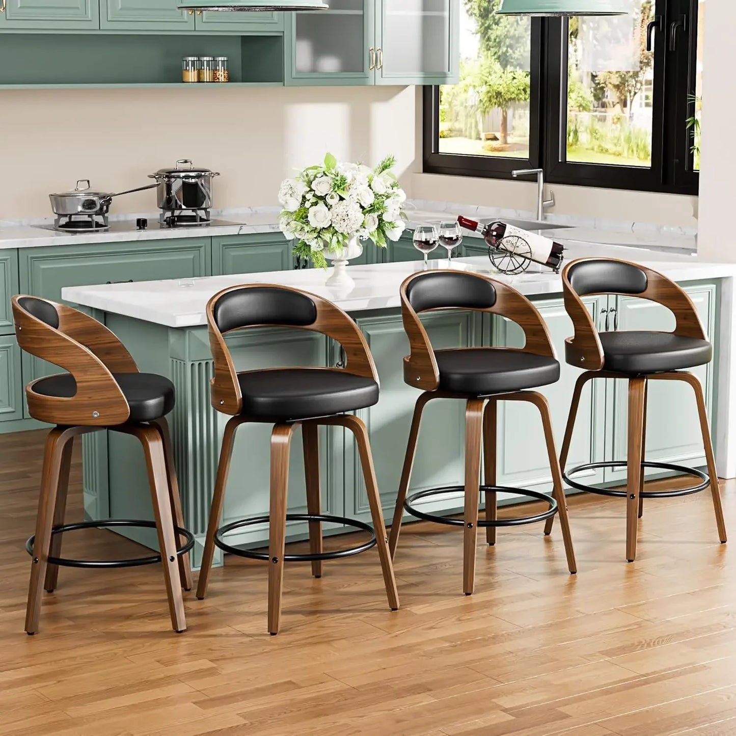 Bar Stools Set of 4, 26" Counter Height Bar Stools with Bentwood Legs, Mid Century Modern Faux Leather Upholstered Barstool