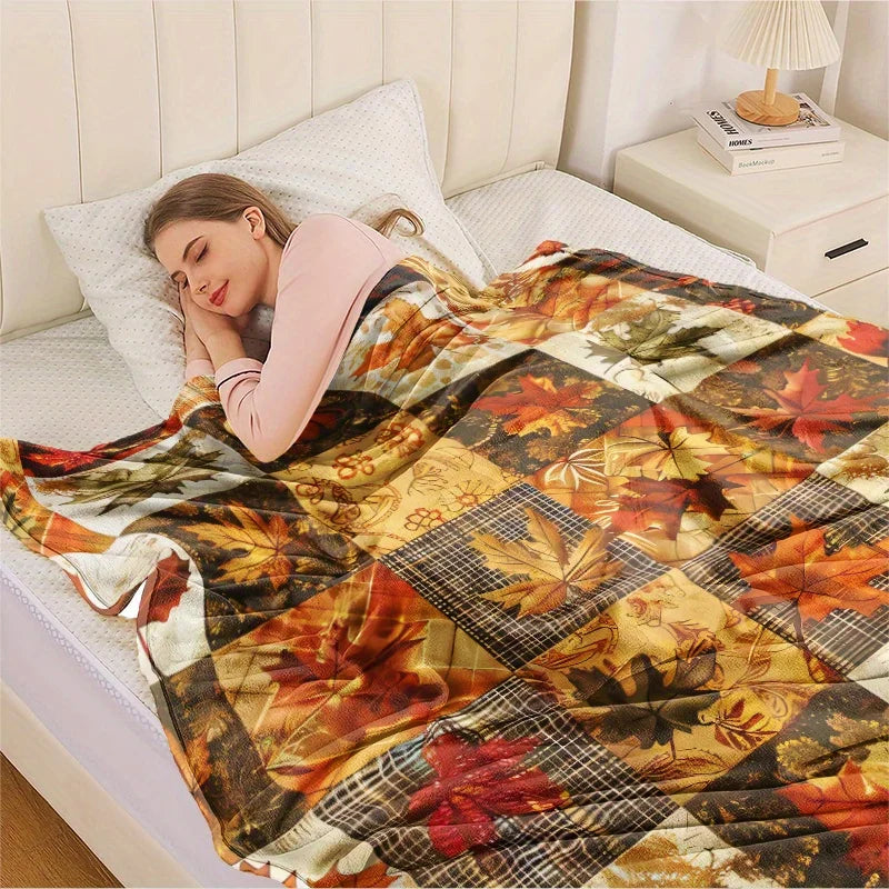 1pc Vintage Autumn Pumpkin and Maple Leaf Plaid Print Flannel Blanket - Comfortable Soft Polyester Fabric, Lightweight