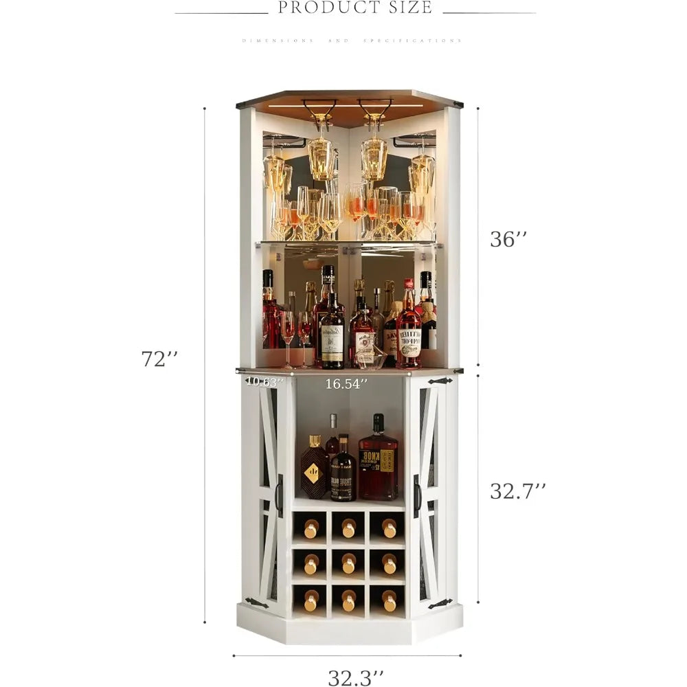 Corner Bar Cabinet Wine Bar Cabinet w/LED Lights & Glass Rack,Wine Cabinet,Coffee Station and Microwave Stand