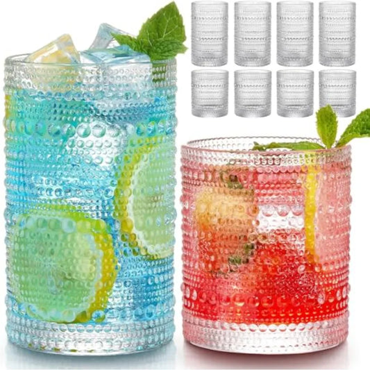 Vintage Hobnail Drinking Glasses Set of 8: 12 oz Highball Glasses and 10 oz Cocktail Glasses for Kitchen Bar Beer Juice Cocktai