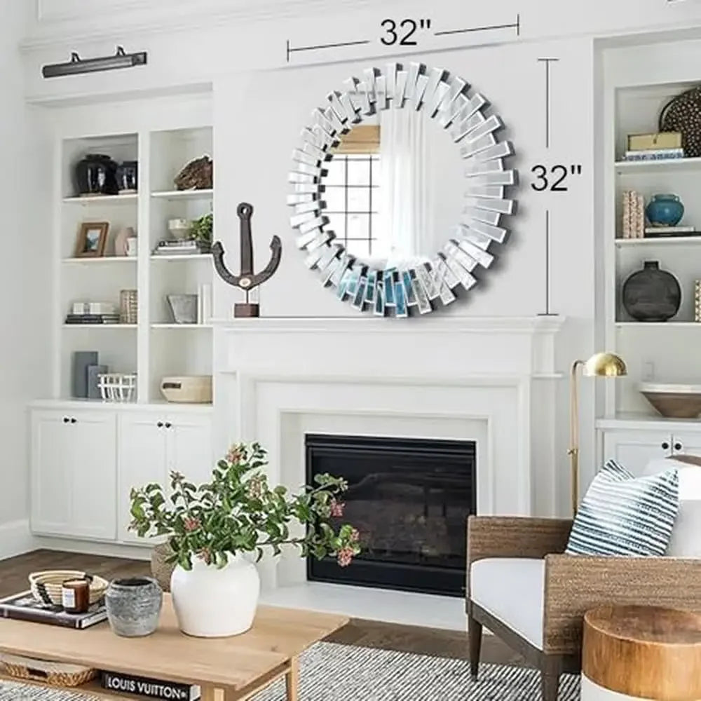 Large Beveled Glass Round Wall Mirror Modern Decorative Accent Mirror Living Room Foyer Bedroom 32''