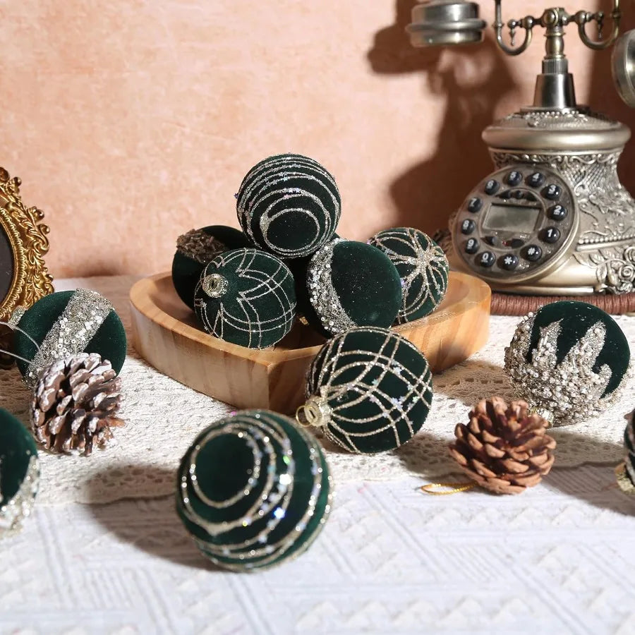 12pcs Velvet Christmas Balls Ornaments Set 2.36 Small Velvet Hanging Ball Green Glitter Christmas Ball Ornaments Flocked Balls