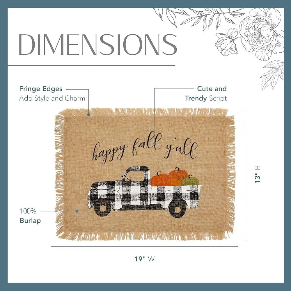 Rustic Burlap Placemats Set of 4 Autumn Farmhouse Decor Buffalo-Plaid Truck Pumpkins Thanksgiving Table Accessories