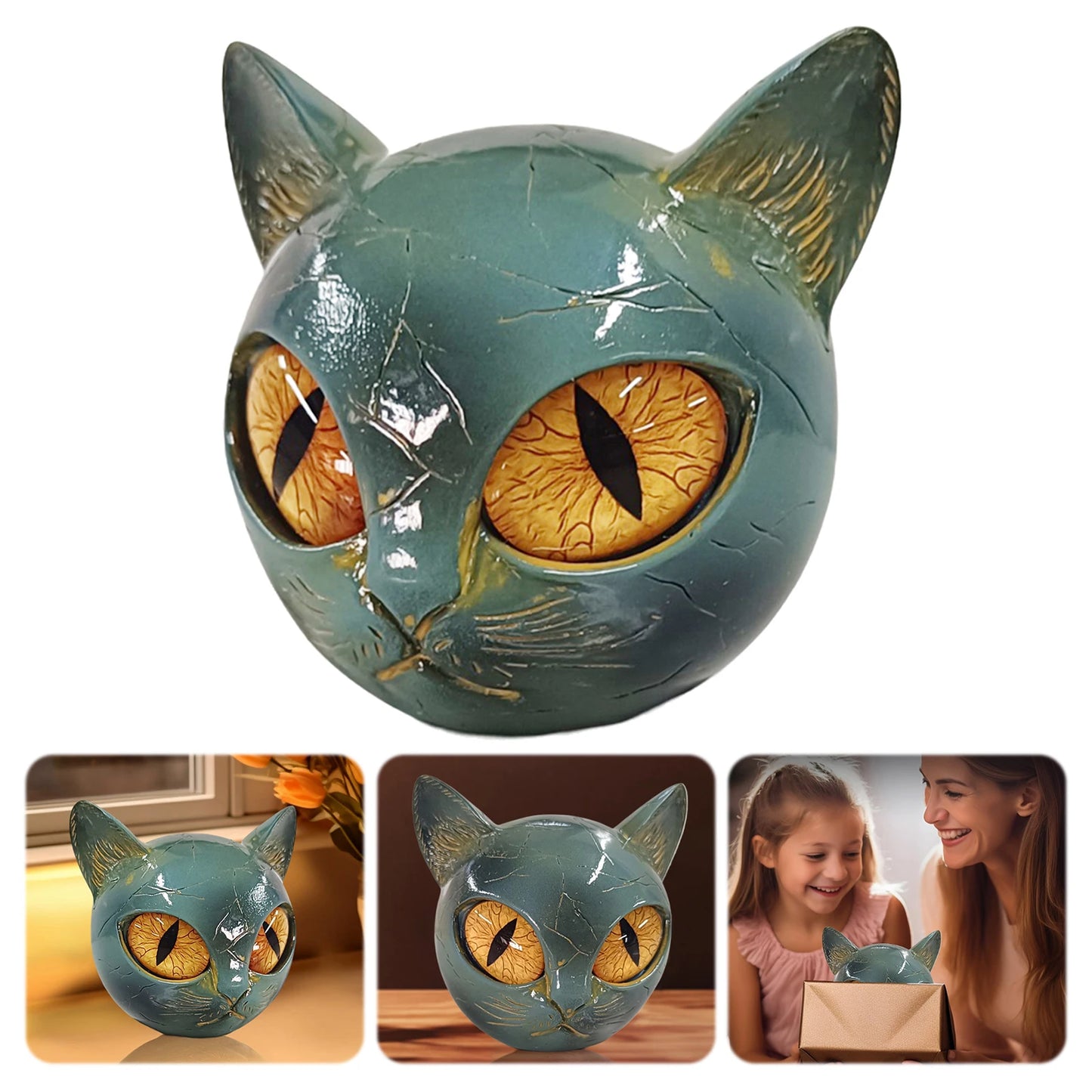 Marble Texture Cat Stone Amber Eyes Cat Statue Kitten Sculpture for Keepsake Gift Office Desk Decor