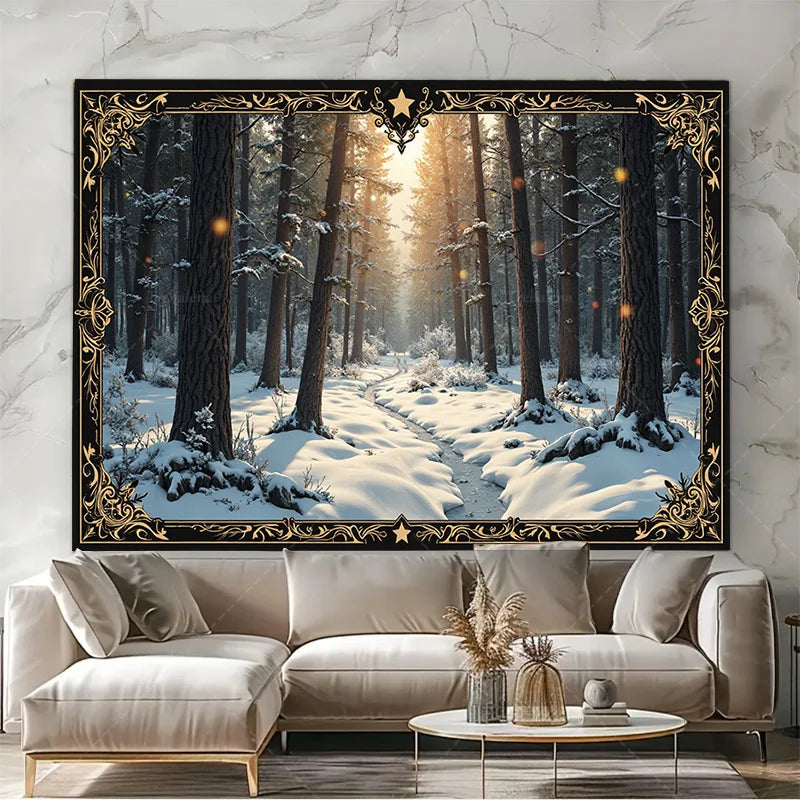 1pc Wall Tapestry Enchanted Winter Forest Tapestry - Golden Frame, Snowy Path, Cozy Cabin Decor