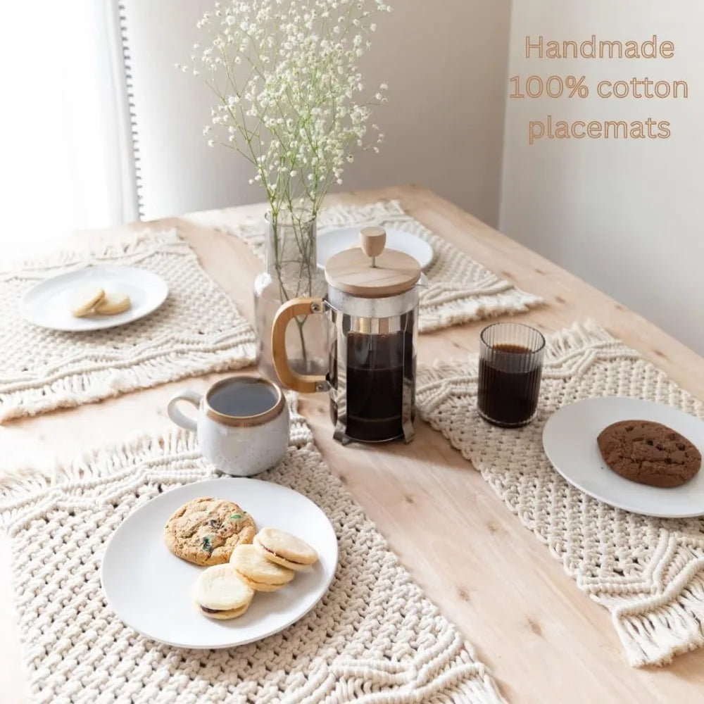 Macrame Placemats Set of 6 - Handmade Cotton Woven Boho Placemats - Modern Farmhouse Fringe Placemats for Dining Table, Kitchen