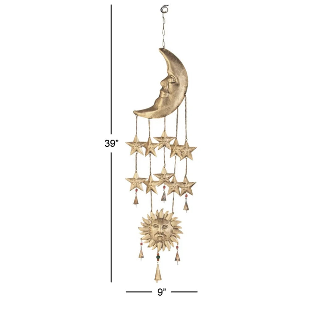 Gold Metal Windchime Bell with Moon Stars Sun Beads Indoor Hanging Decor 39 Inch Eclectic Gift Home Accent