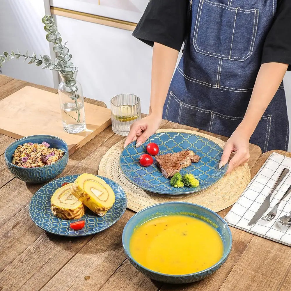 Sureasy Ceramic Dinnerware Set For 4-16 Pieces Emed Plates And Bowls Sets, Scratch Resistant Dish Set, Microwave, Oven &