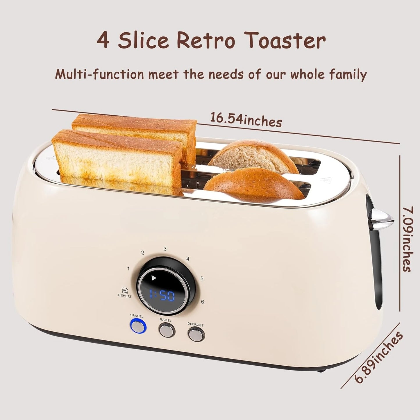 4 Slice,Retro Long Slot Toasters with CountdownTimer,Stainless Steel Toaster,Defrost,Reheat,Cancel Functions,Extra Wide Slots