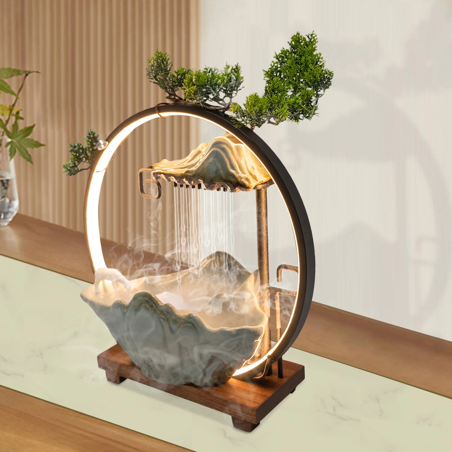 Multi-functional Tabletop Fountain with LED Light, Ceramic, Wooden Base, Pressure Relieving, Perfect for Meditation & Relaxation