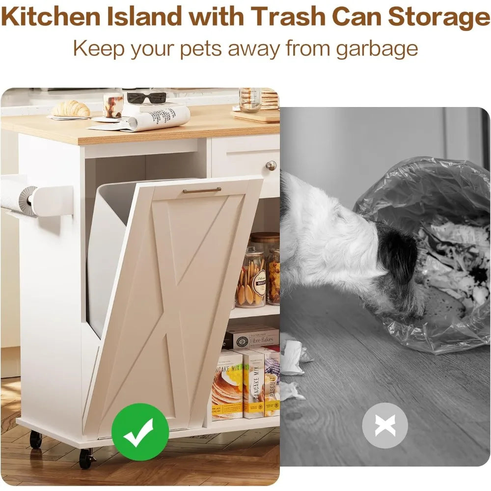 Rolling Kitchen Island with Trash Can Storage, 48” Kitchen Island Cart with Drop Leaf Countertop, Island Table with Drawer & She