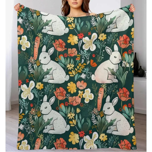 Easter bunny and wildflower blanket, bunny flower colorful decorative bed and sofa blanket, gift for friends