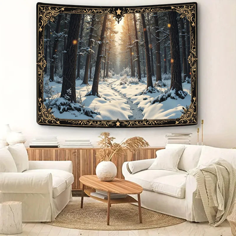 1pc Wall Tapestry Enchanted Winter Forest Tapestry - Golden Frame, Snowy Path, Cozy Cabin Decor