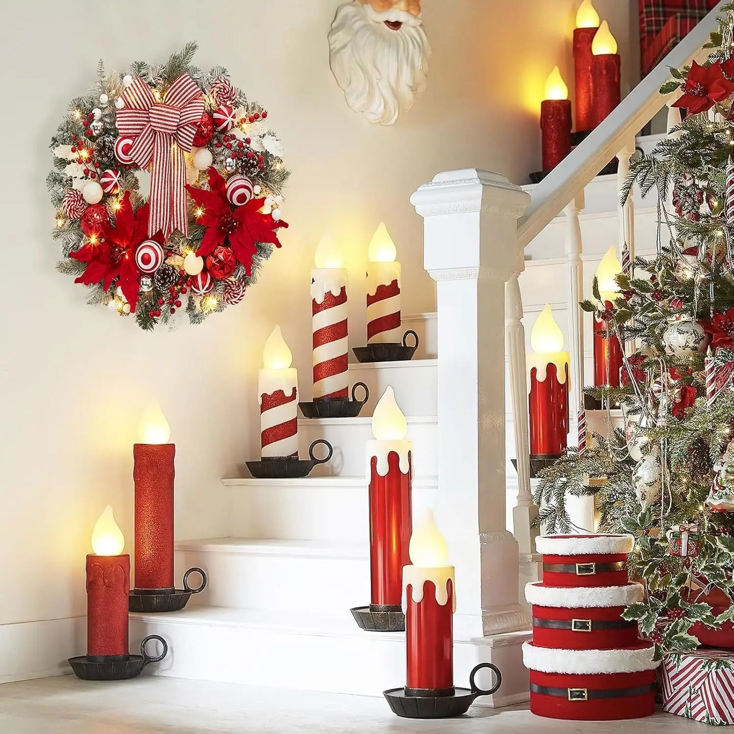 Pre-Lit Christmas Wreath for Front Door, 24 Inch Large Lighted Wreath with Xmas Balls, Christmas Wreath for Fireplace Window