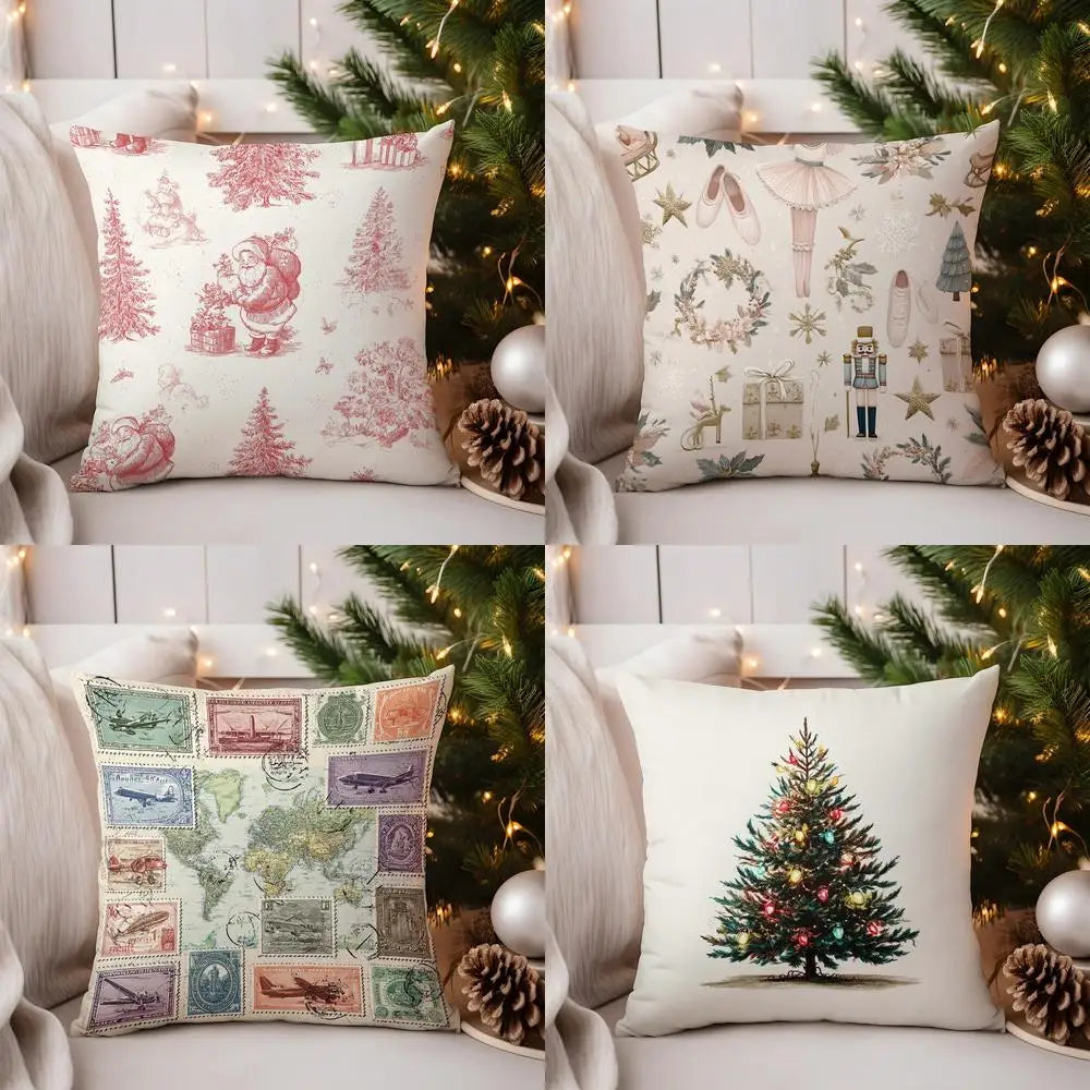 Home Decor Santa and Christmas Trees Printed Pillow Cover Pattern Cushion Cover Suitable for Sofa Bedroom Car Pillow Cover