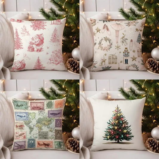 Home Decor Santa and Christmas Trees Printed Pillow Cover Pattern Cushion Cover Suitable for Sofa Bedroom Car Pillow Cover