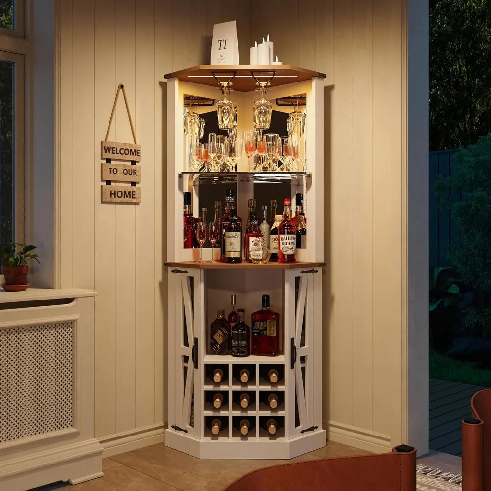Corner Bar Cabinet Wine Bar Cabinet w/LED Lights & Glass Rack,Wine Cabinet,Coffee Station and Microwave Stand