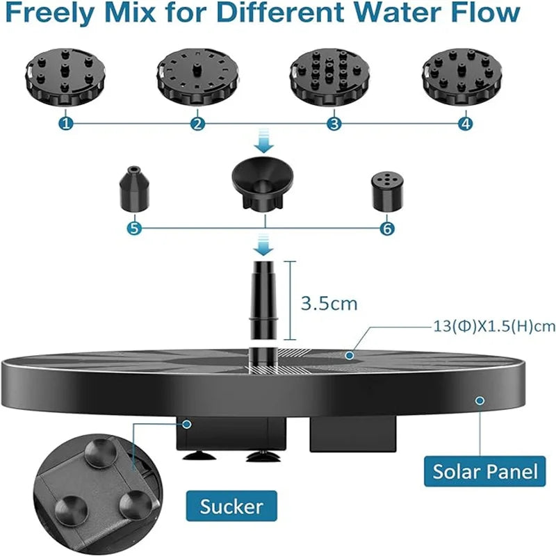 3.5W Solar Fountain, Solar Fountain with 6 Nozzles, Solar Fountain for Birdbaths, Garden Decoration, Swimming Pools, Ponds, Fish