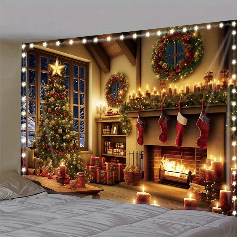 1pc Tapestry Luminous Christmas Gift, Christmas Night Fireplace Christmas Stocking Tapestry Popular Party Photo Studio Props