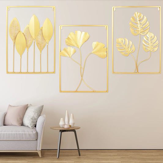 3 Pack Gold Metal Wall Art for Living Room, Large Leaf Frame Accent Leaves Wall Decor Home