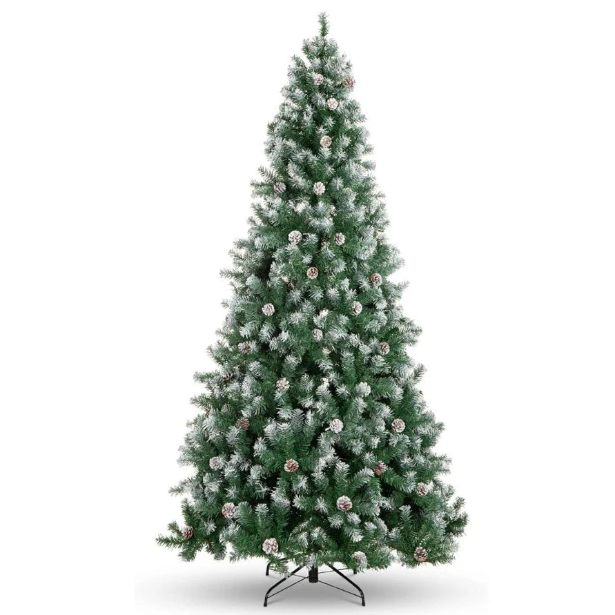 9ft Pre-Lit Christmas Tree Pre-Decorated with Pine Cones, 450 Tips Full Artificial Holiday Tree with Metal Stand for Home, Offic