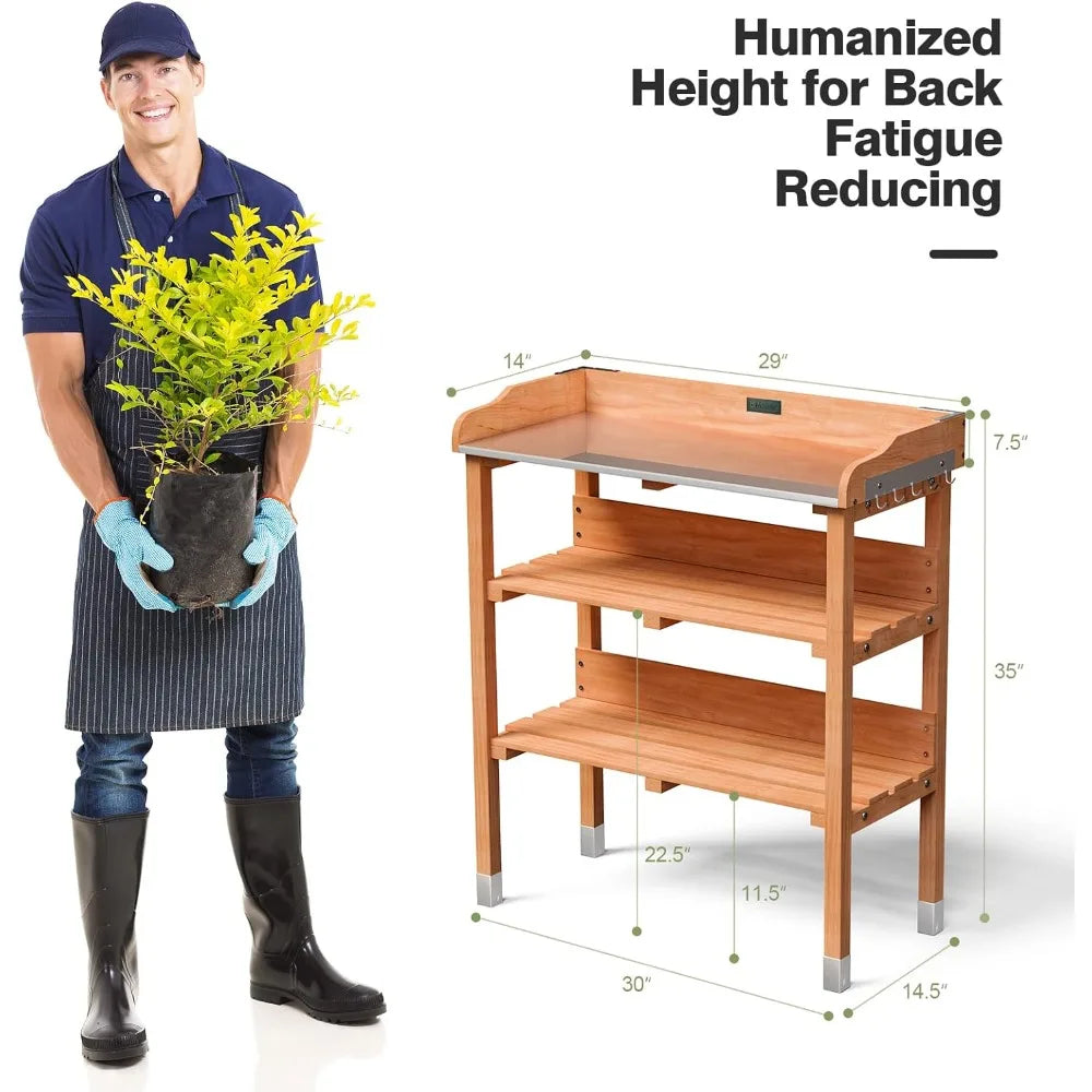 Garden Potting Bench, Outdoor Wood Workstation Table with Galvanized Steel Tabletop, 5 Hooks, 2-Tier Storage Shelves, Outside