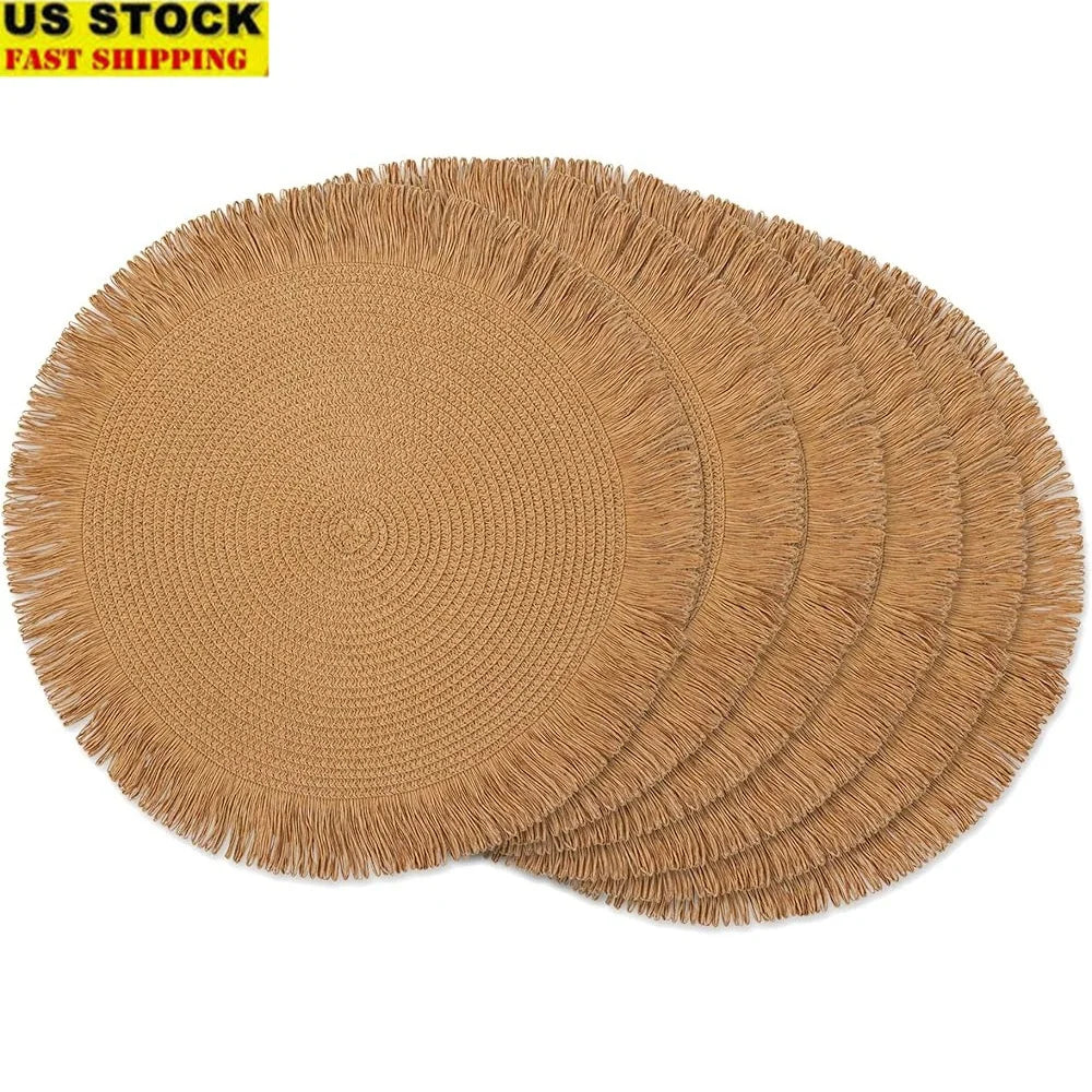 Woven Kitchen Collection Round Placemats Set of Six 15 Inch Natural Fringe Indoor Outdoor Table Settings Charger Mats