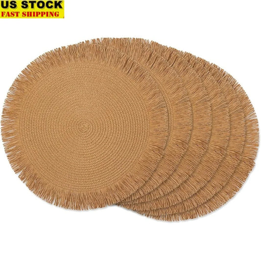 Woven Kitchen Collection Round Placemats Set of Six 15 Inch Natural Fringe Indoor Outdoor Table Settings Charger Mats