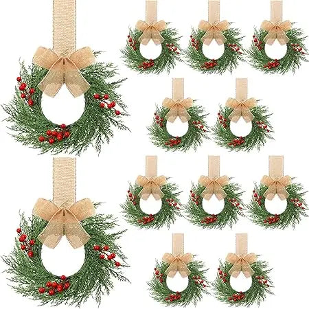 Artificial Greenery Mini Christmas Wreaths - 12 Pack, 9 Inch Small Kitchen Cabinet Decorations with Plaid Bow Ribbons, Hanging H